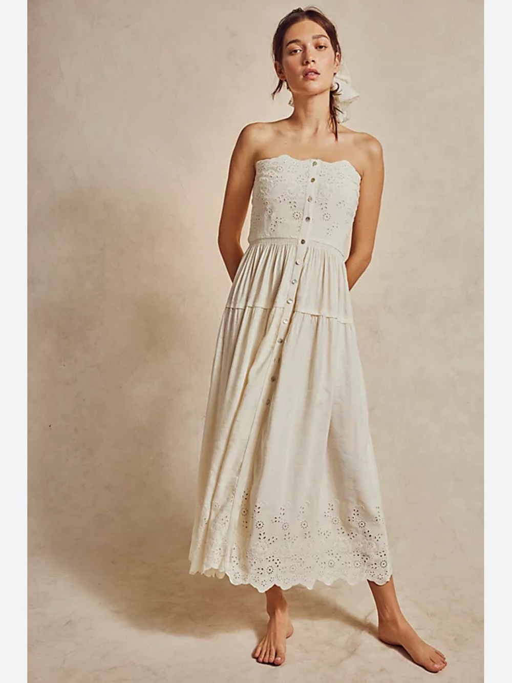 FREE PEOPLE | Cream Evelyn Eyelet Linen  Strapless Midi Dress